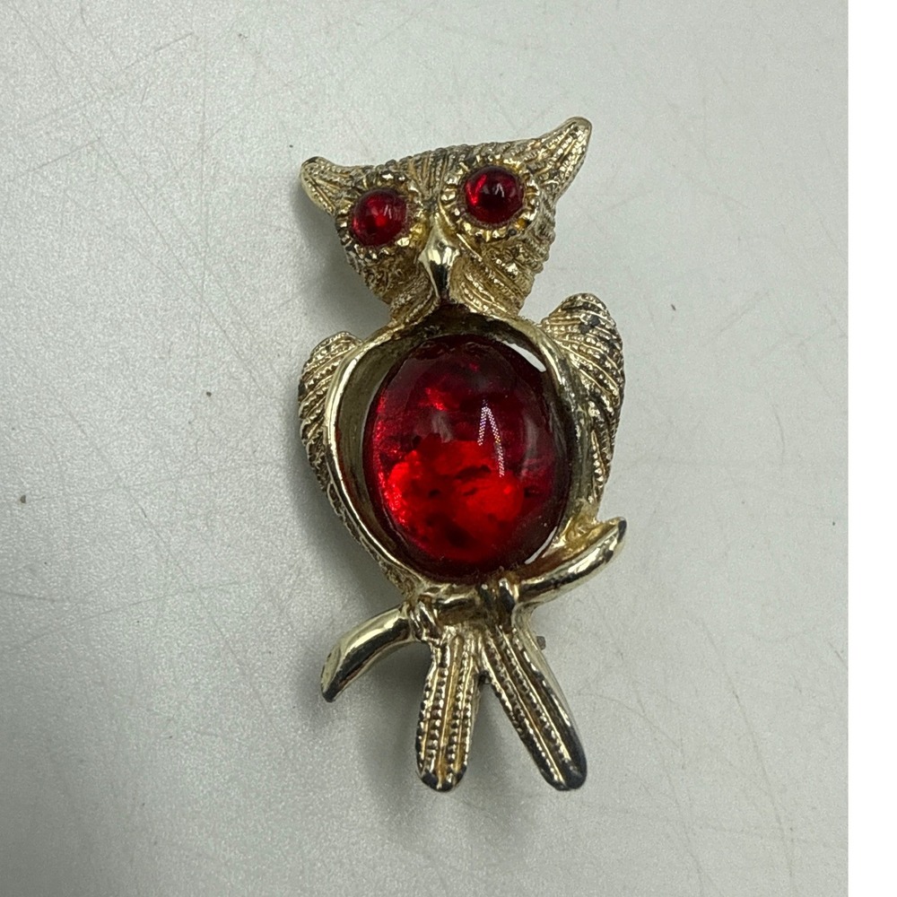 Vintage Gold Tone Owl Brooch Red Cabochon Rhinestone‎ Eye Bird Pin Retro Jewelry